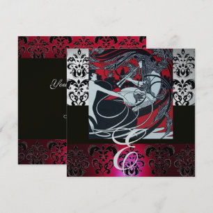 INVITACIÓN ART NOUVEAU ROJO NEGRO GRIS PLATA DAMASCO MONOGRAM