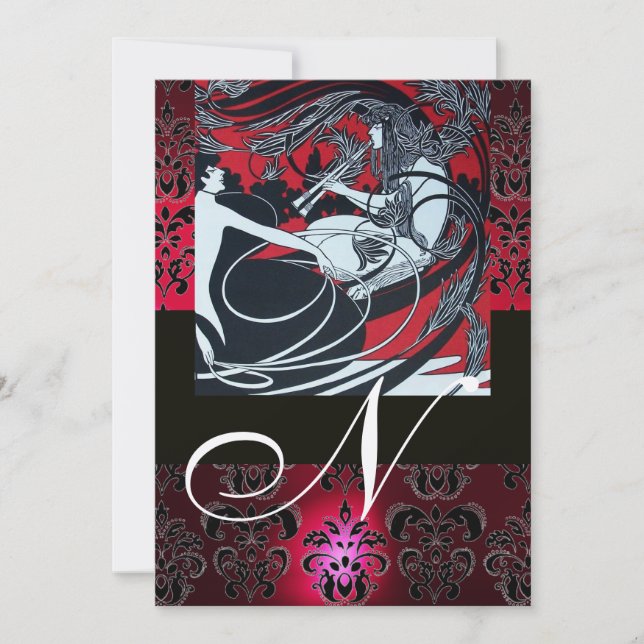 Invitación ART NOUVEAU ROJO NEGRO ORO DAMASCO MONOGRAMA, rubí (Anverso)