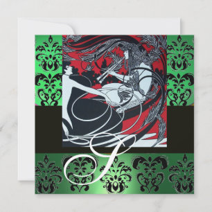 INVITACIÓN ART NOUVEAU ROJO NEGRO VERDE BLANCO DAMASCO MONOGR