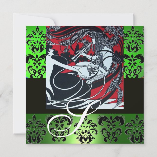 INVITACIÓN ART NOUVEAU ROJO NEGRO VERDE BLANCO DAMASK MONOGRA (Anverso)