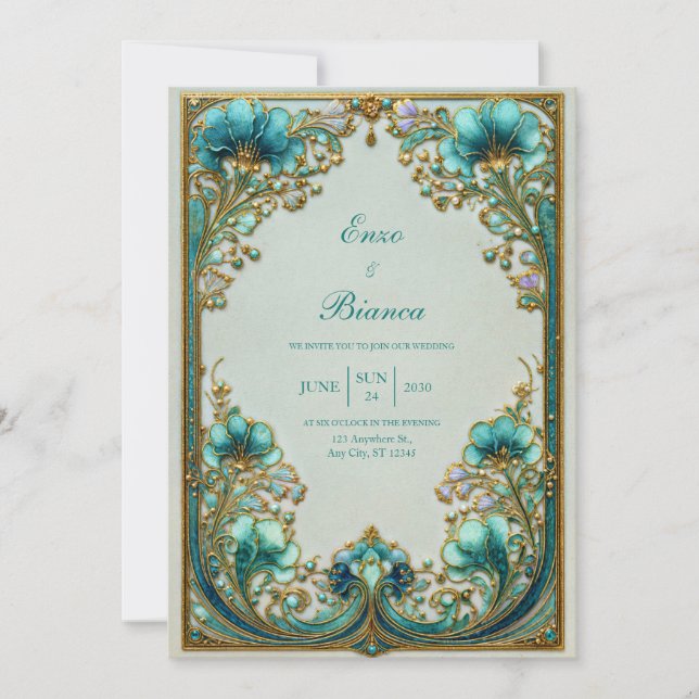 Invitación Art Nouveau Turquoise Floral Gilded Wedding (Anverso)
