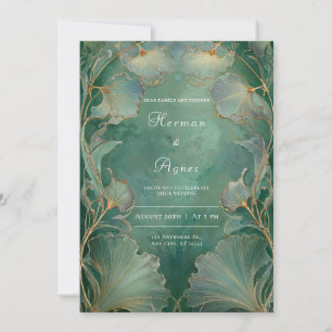 Invitación Art Nouveau Verde Esmeralda Oro Hoja de Ginkgo Bod