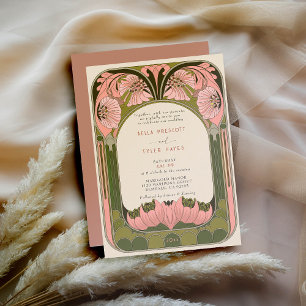 Invitación Art Nouveau Vintage Boda Verde Rosa