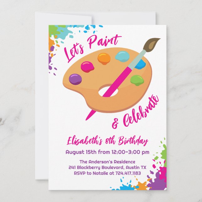 Invitación Art Party Craft Painting Girly Birthday Party (Anverso)
