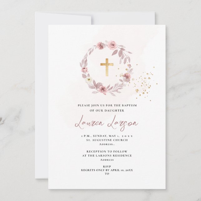 Invitación ArtApp Elegante H2 Rosa Rosa de bautismo (Anverso)