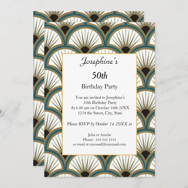 Invitación Artdeco blanco verde geométrico 50 cumpleaños (Anverso / Reverso)