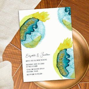 Invitación Arte abstracto acuarela azul amarillo Boda única