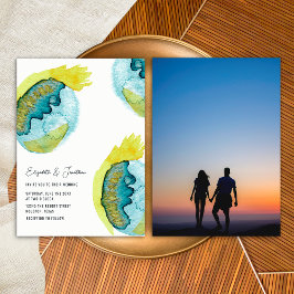 Invitación Arte abstracto en acuarela azul Foto única de boda