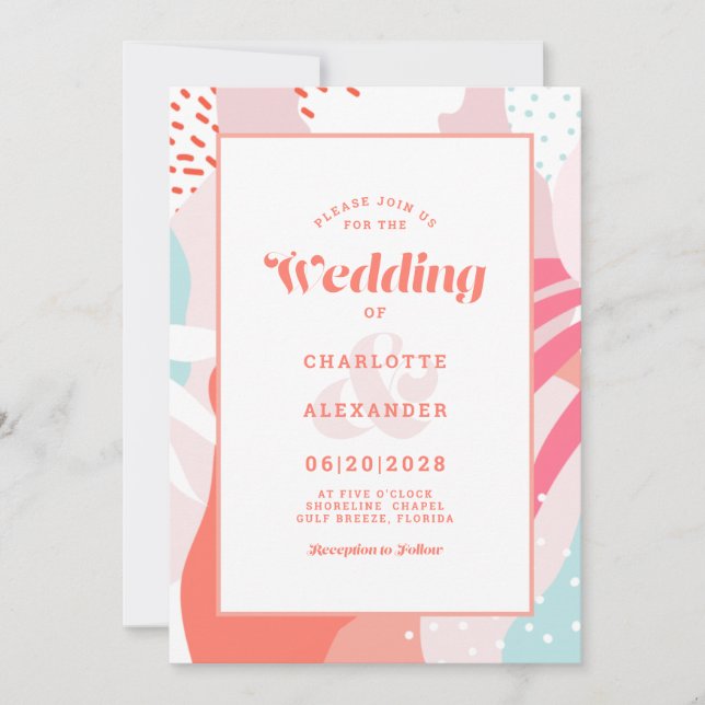 Invitación Arte Abstracto Moderno Coral Turquesa para Boda (Anverso)