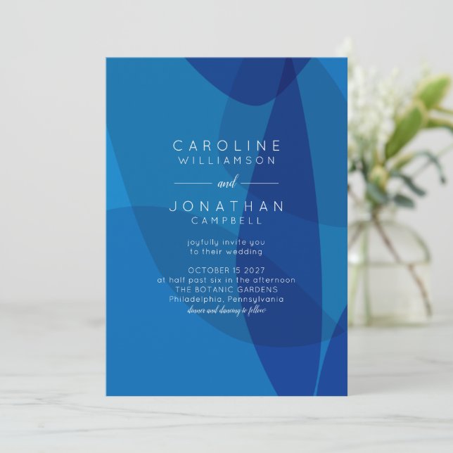 Invitación Arte abstracto moderno en Boda de Moda única azul (Anverso de pie)