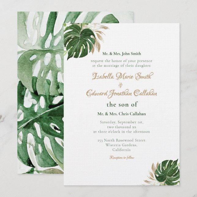 Invitación Arte Acuarela de Hojas Verdes Tropicales de Monste (Anverso / Reverso)