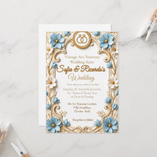 Invitación Arte Antiguo Moderno Azul y Dorado Boda Estampada