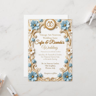 Invitación Arte Antiguo Moderno Azul y Dorado Boda Estampada