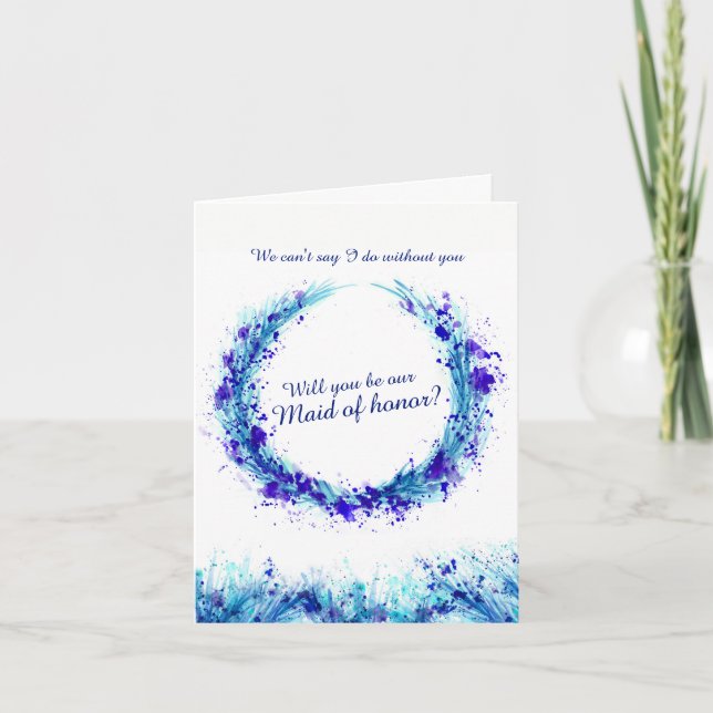 Invitación Arte azul de boda ¿serás nuestra dama de honor? (Anverso)