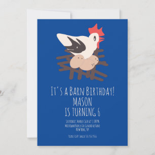Invitación Arte azul de granja animales granero gallo cumplea