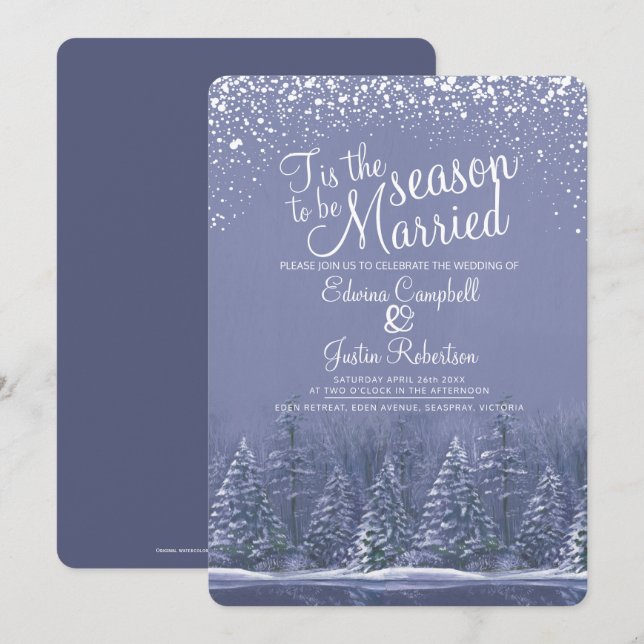 Invitación Arte azul del lago de pinos de bodas de invierno (Anverso / Reverso)