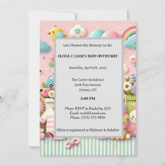 Invitación Arte Baby Shower rosado pastel lindo (Anverso)