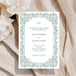 Invitación Arte Botánico de Línea   Boda Verde Salvia