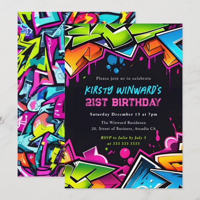Invitación Arte callejero moderno Graffiti cumpleaños 21 (Anverso / Reverso)