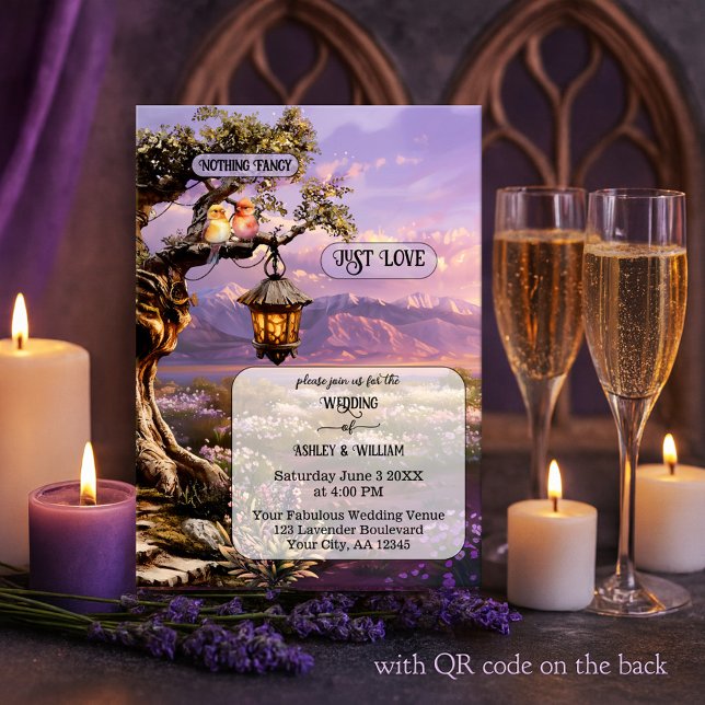 Invitación Arte Caprichoso Romántico Lavanda Boda (Whimsical wedding invitation featuring a painting of a lavender landscape at sunset with lantern)