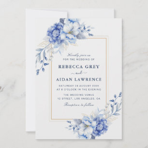 Invitación Arte de Acuarela con Borde Dorado y Floral Azul Po