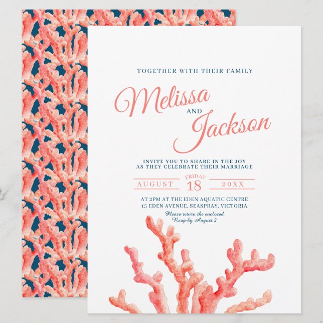Invitación Arte de acuarela coral pintura azul marino boda (Anverso / Reverso)