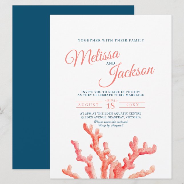 Invitación Arte de acuarela coral pintura azul marino boda en (Anverso / Reverso)