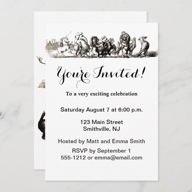 Invitación Arte de animal lindo unicornio elefante león zooló (Anverso / Reverso)