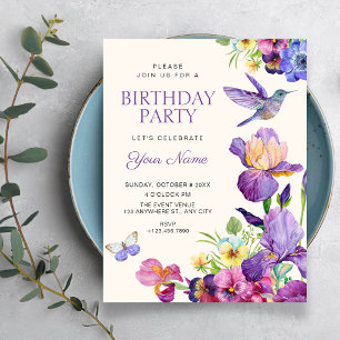 Invitación Arte de aves florales púrpura elegante cumpleaños