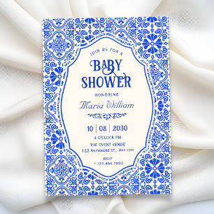 Invitación arte de baby shower con patrón de baldosas azules