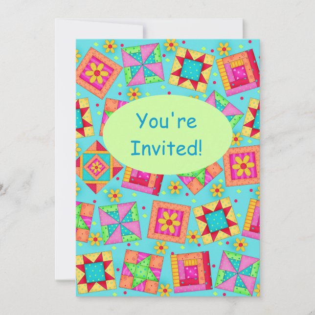 Invitación Arte de bloques de talla de patchwork verde turque (Anverso)