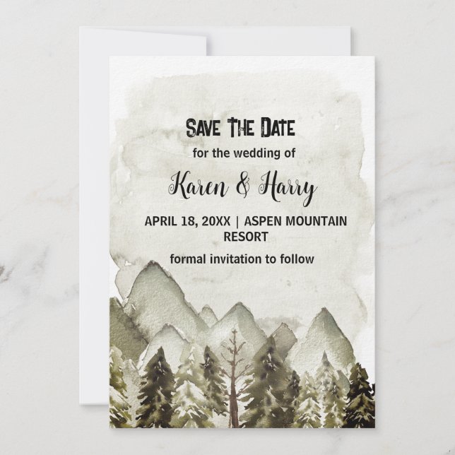 Invitación Arte de boda de árbol de pino verde de montaña gua (Anverso)