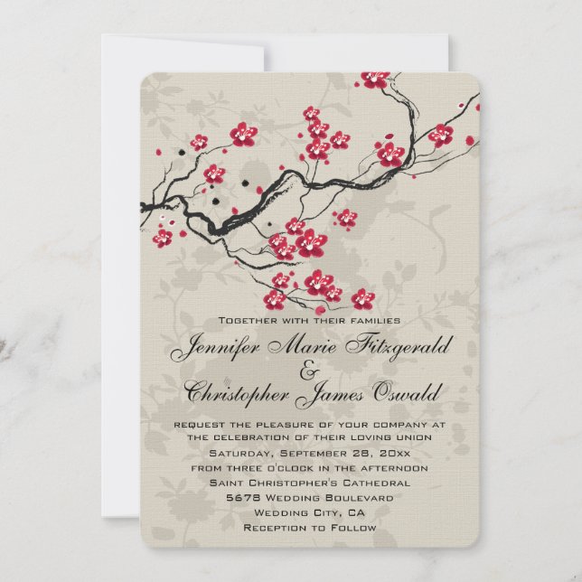 Invitación Arte de boda de flor de cerezo Sakura de estilo or (Anverso)