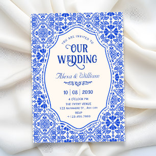 Invitación arte de boda de patrón de azulejo azul