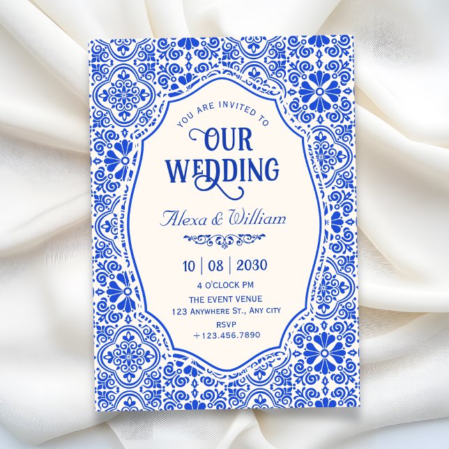 Invitación arte de boda de patrón de azulejo azul (Subido por el creador)
