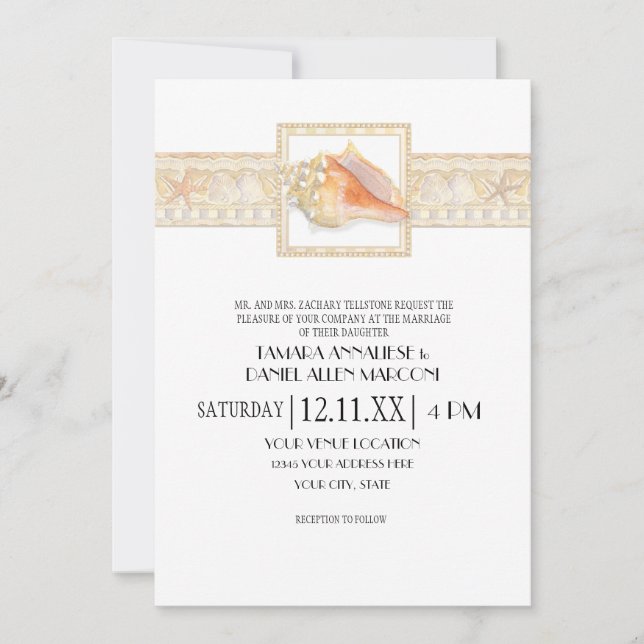 Invitación Arte De Bodas Elegantes De La Banda De Arena De Pl (Anverso)