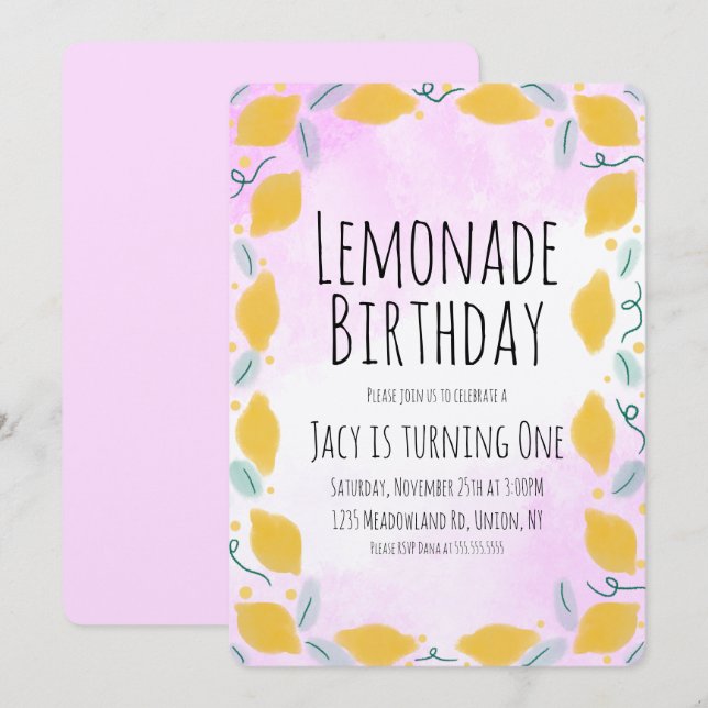 Invitación Arte de borde rosa amarillo limón acuarela (Anverso / Reverso)