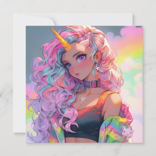 Invitación Arte de Chica de anime de Rainbow Unicorn (Anverso)