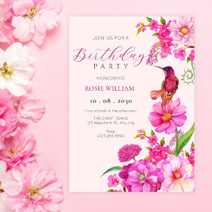Invitación arte de colibrí de cumpleaños de flor rosa