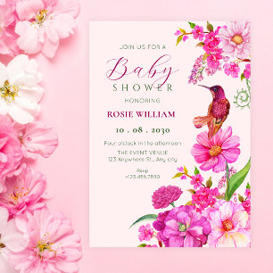 Invitación arte de colibrí de shower de bebé con flores rosad