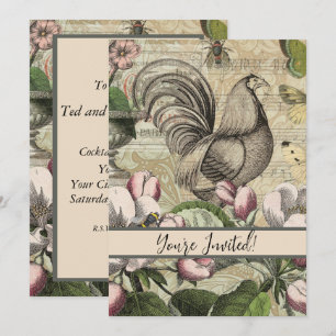 Invitación Arte de Collage de Jardín de Gallo Antiguo: Campo