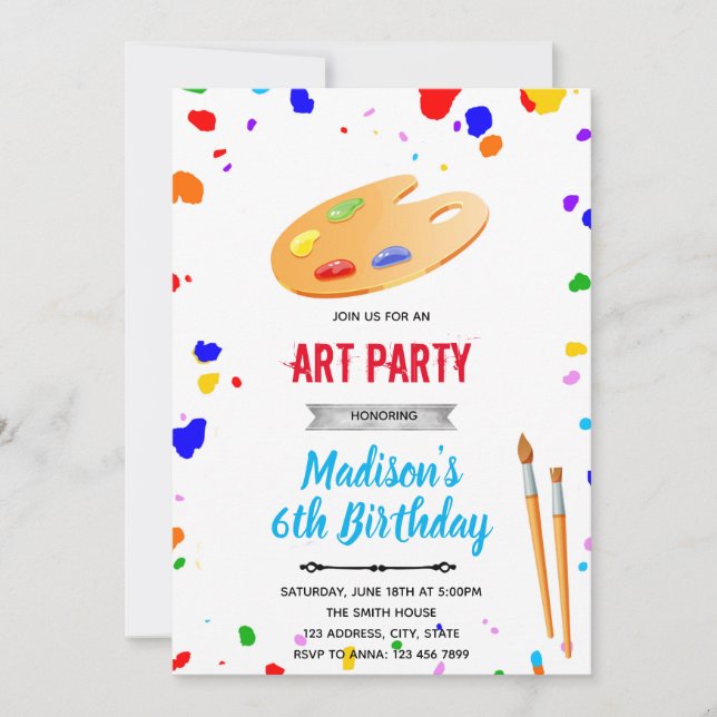 Invitación arte de cumpleaños de colores primarios lindos (Anverso)