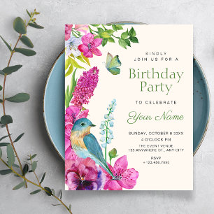 Invitación arte de cumpleaños de pájaro floral