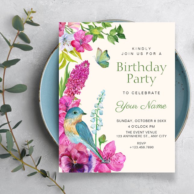 Invitación arte de cumpleaños de pájaro floral (Subido por el creador)
