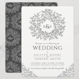 Invitación Arte de la línea circular de la hoja boda gris osc