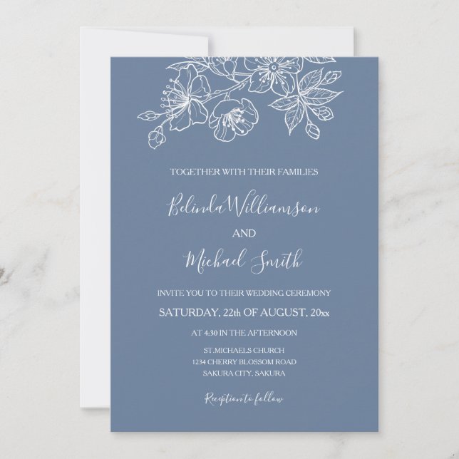 Invitación Arte de la línea floral azul turbia | BODA (Anverso)