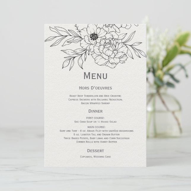 Invitación Arte de la línea floral de negro e marfil (Anverso de pie)