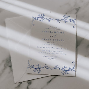 Invitación Arte de línea azul botánico Boda elegante