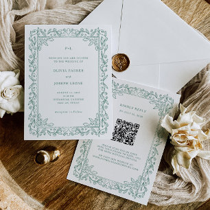 Invitación Arte de línea botánica Código QR Bodas Verde Sal