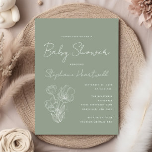 Invitación Arte de línea botánica moderna Baby Shower Verde S